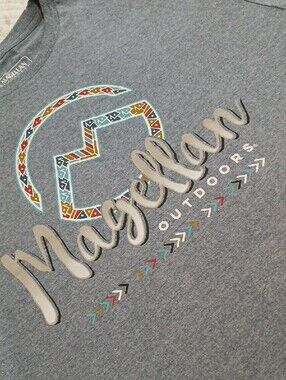 Mens Sz L-  Blue Short Sleeve Logo Tee with Tribal Accent